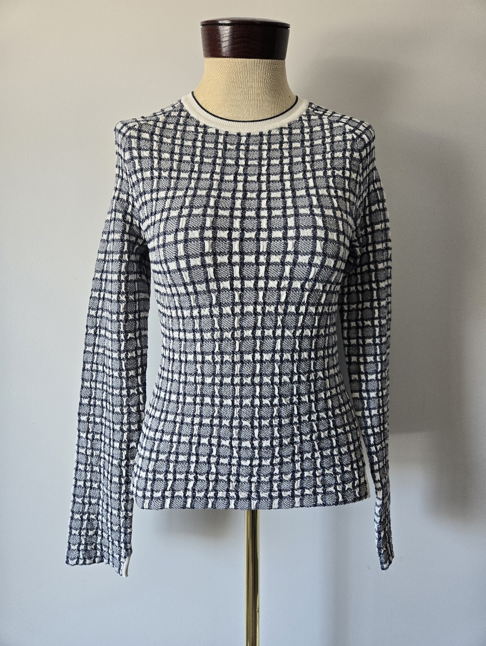 Victoria Beckham Navy and White Grid Knit Long Sleeve Top